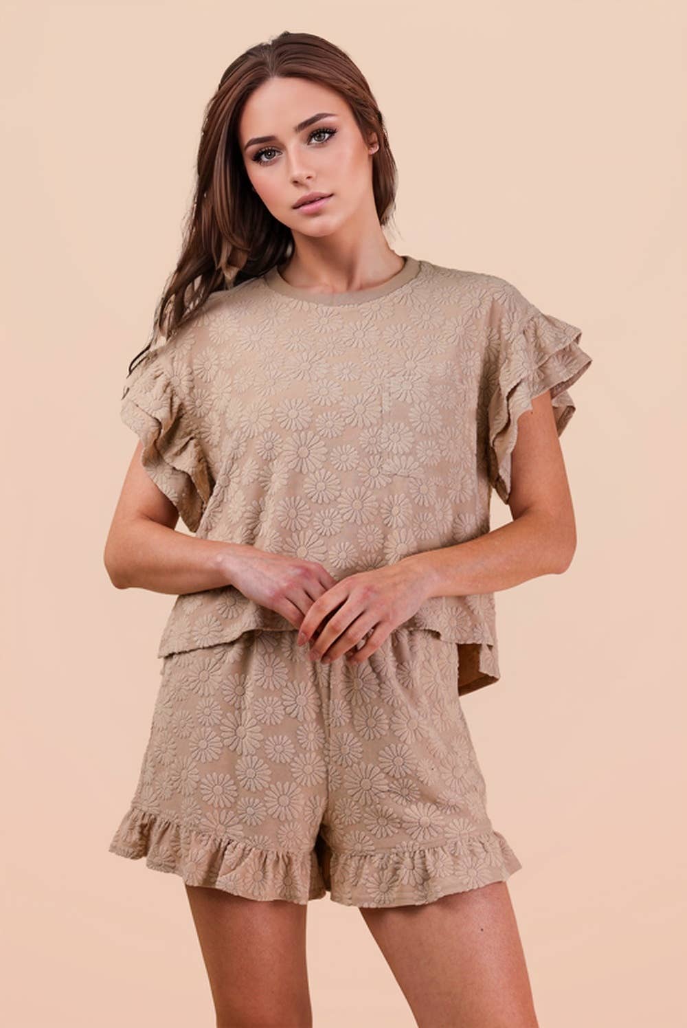Floral Textured Ruffled Knit Top & Shorts Set
