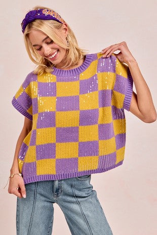 Gameday Theme Sequin All-over Sweater Top Purple Gold