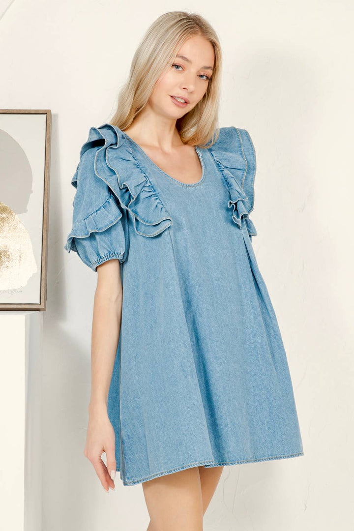 Ruffle Shoulder Denim Mini Dress with Puff Sleeves