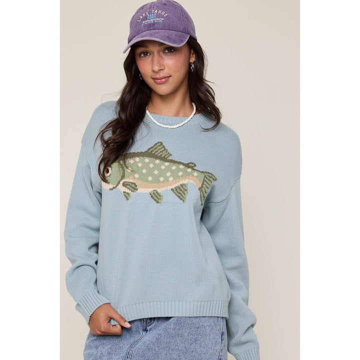 'FISH' GRAPHIC COASTAL CREWNECK SWEATER