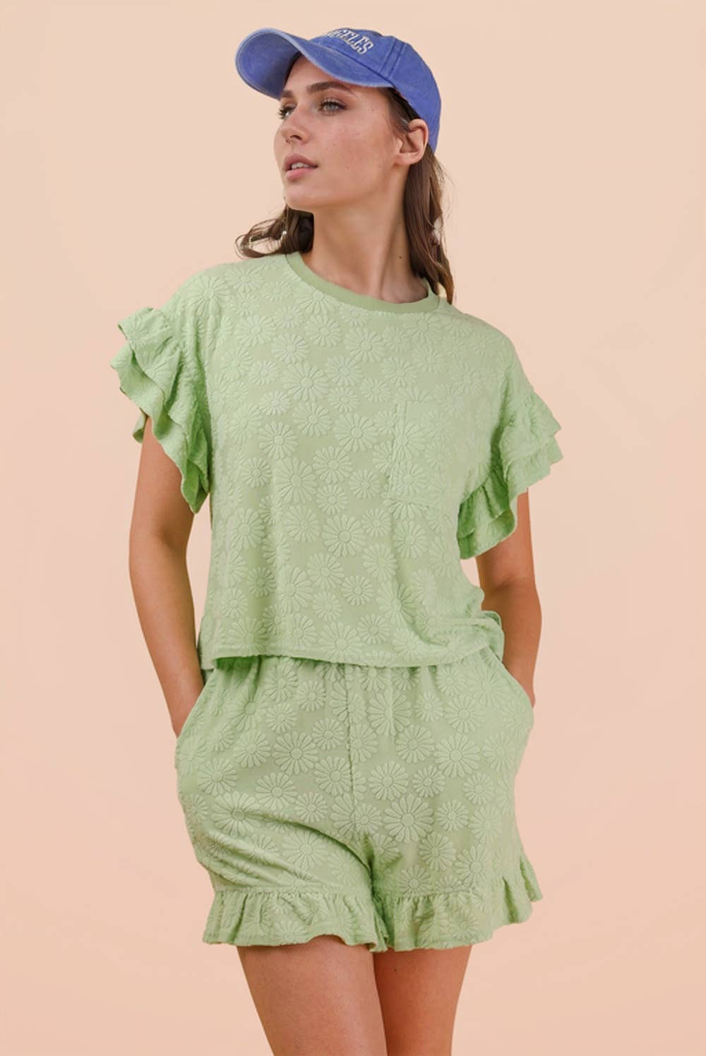 Floral Textured Ruffled Knit Top & Shorts Set