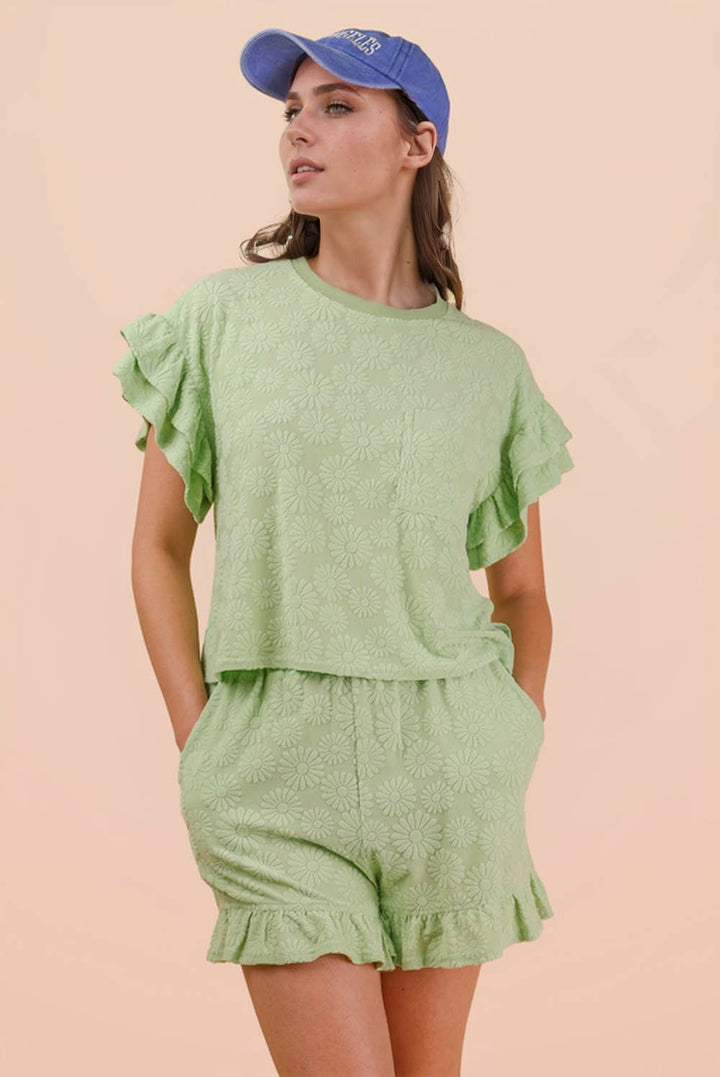 Floral Textured Ruffled Knit Top & Shorts Set