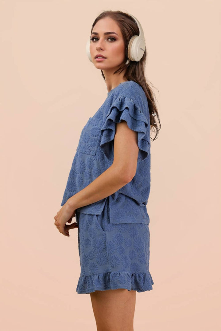 Floral Textured Ruffled Knit Top & Shorts Set