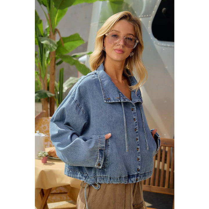 LIGHTWEIGHT WASHED DENIM DRAWSTRING HEM JACKET