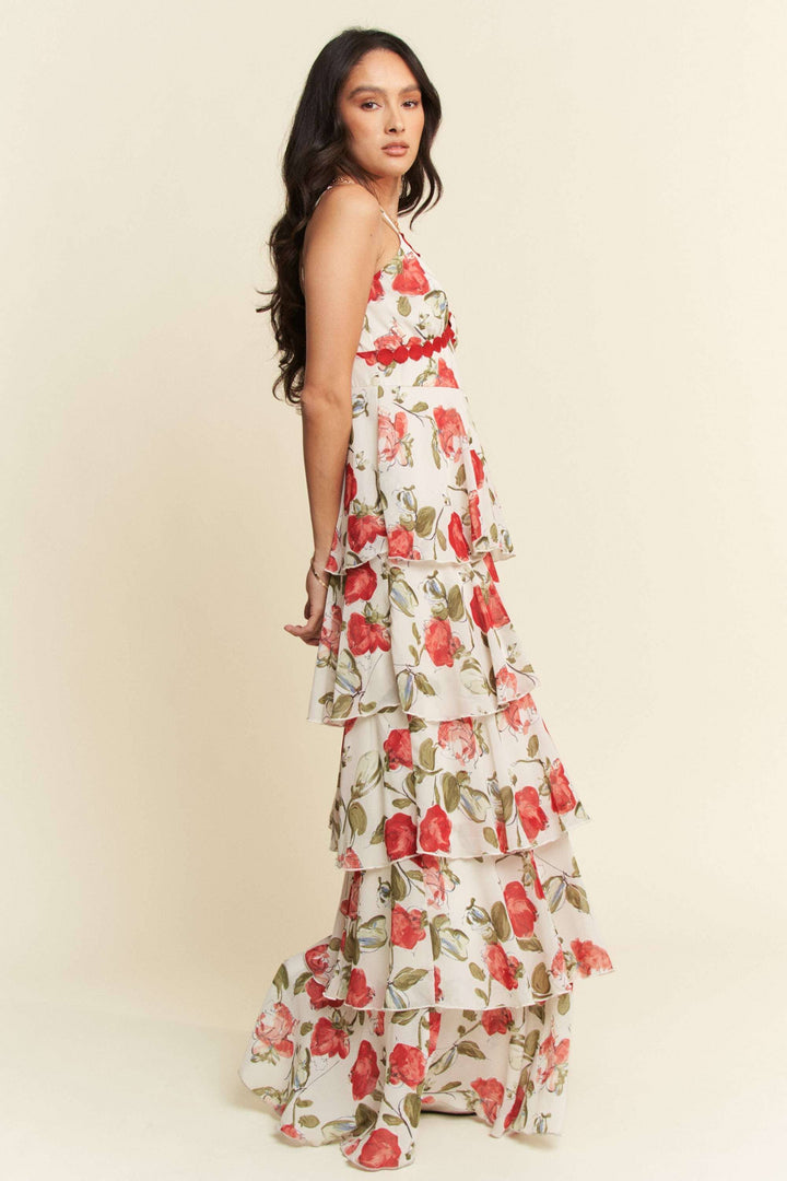 CONTRAST RED  LACE CAMI TIERED RUFFLE MAXI DRESS