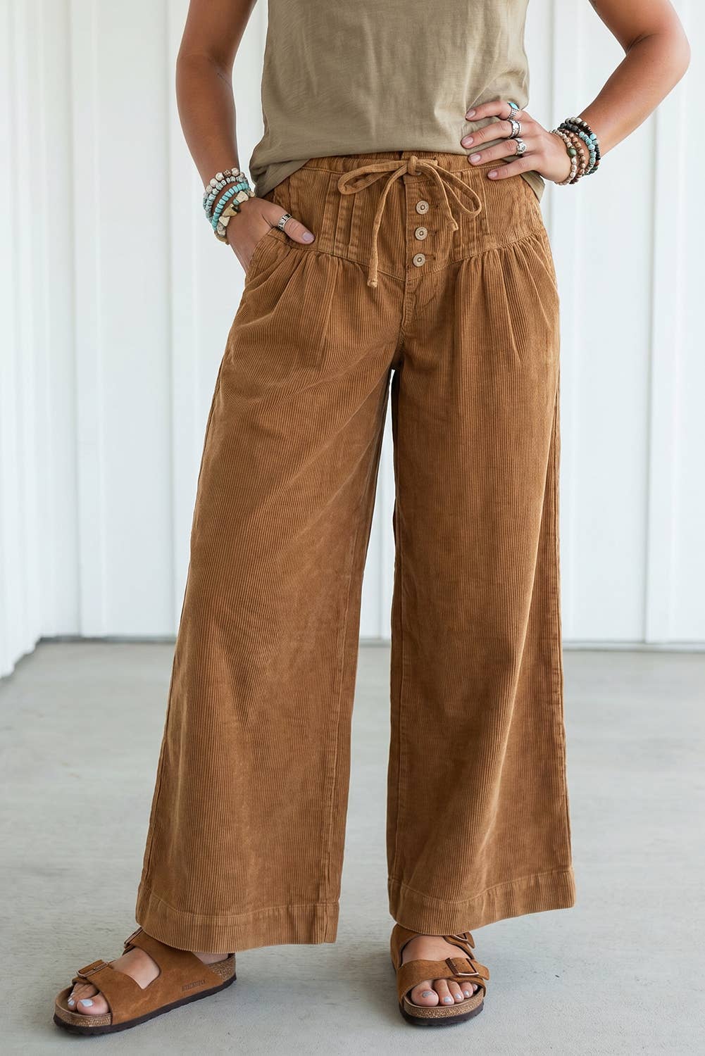 Wooden Button Elastic Waist Wide Leg Pants