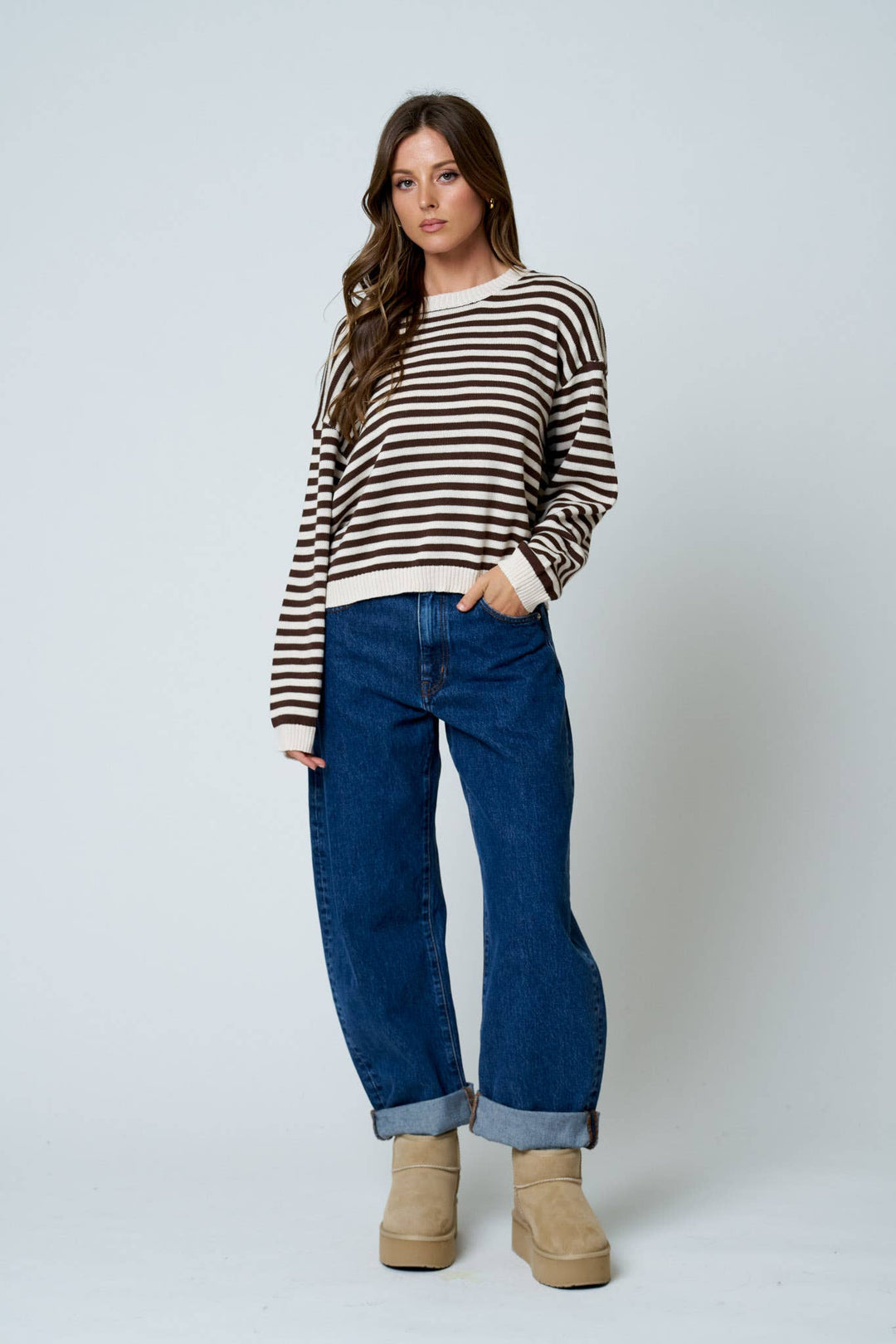 STRIPE RELAXED BACK BUTTON DETAIL KNIT SWEATER