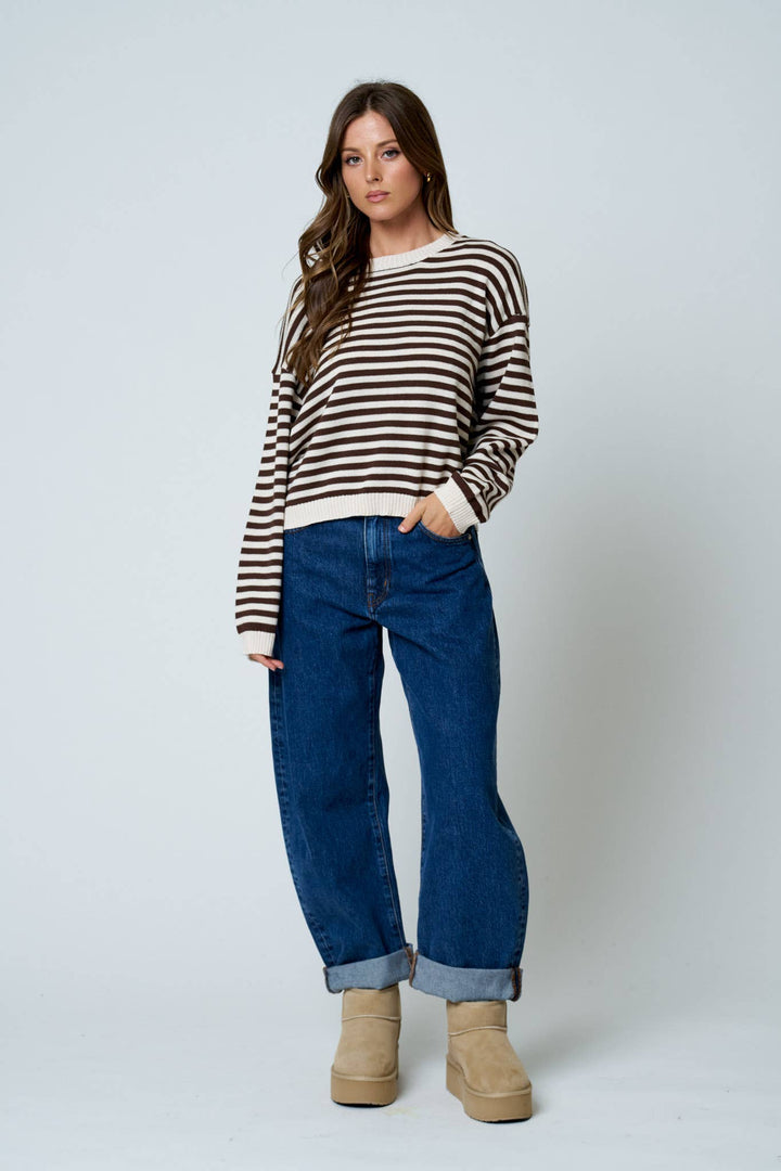 STRIPE RELAXED BACK BUTTON DETAIL KNIT SWEATER