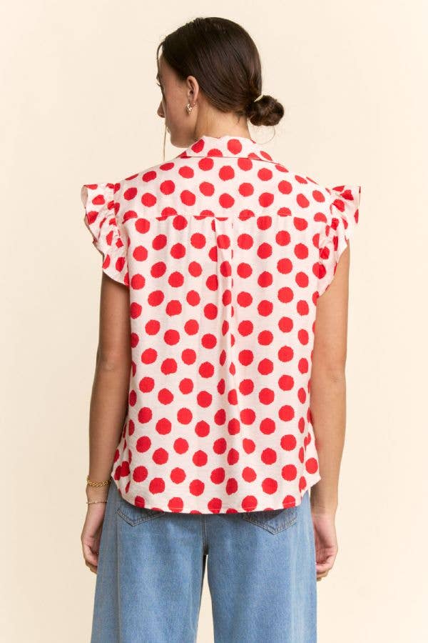 POLKA DOT PRINT SHORT RUFFLE SLEEVE V NECK BLOUSE