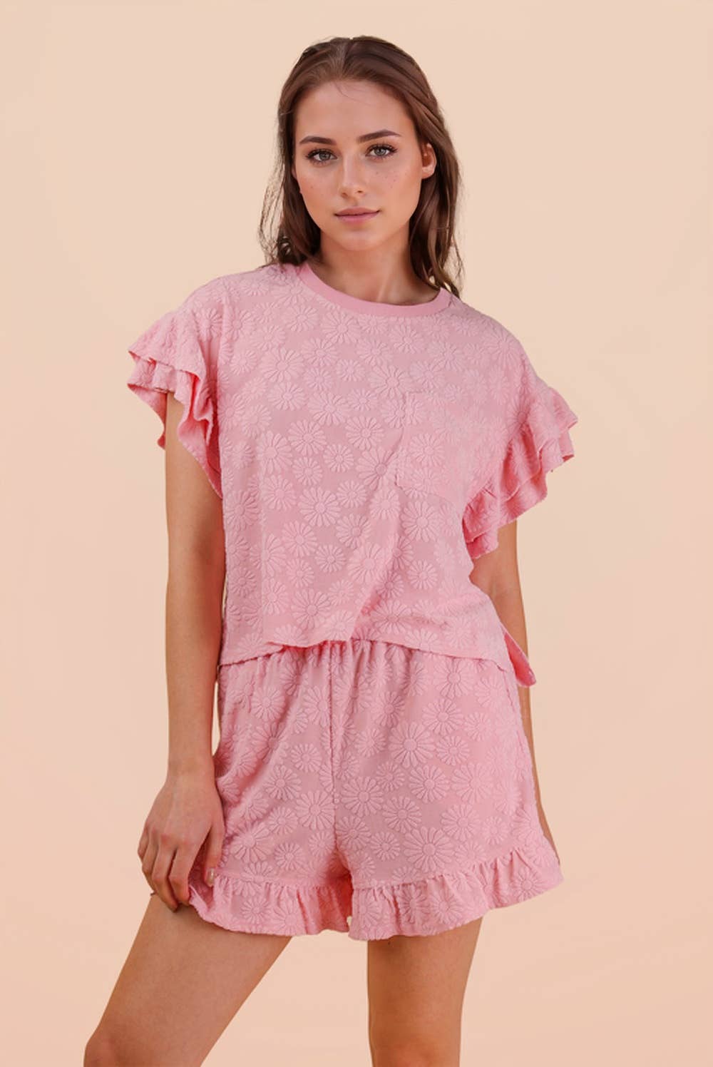 Floral Textured Ruffled Knit Top & Shorts Set