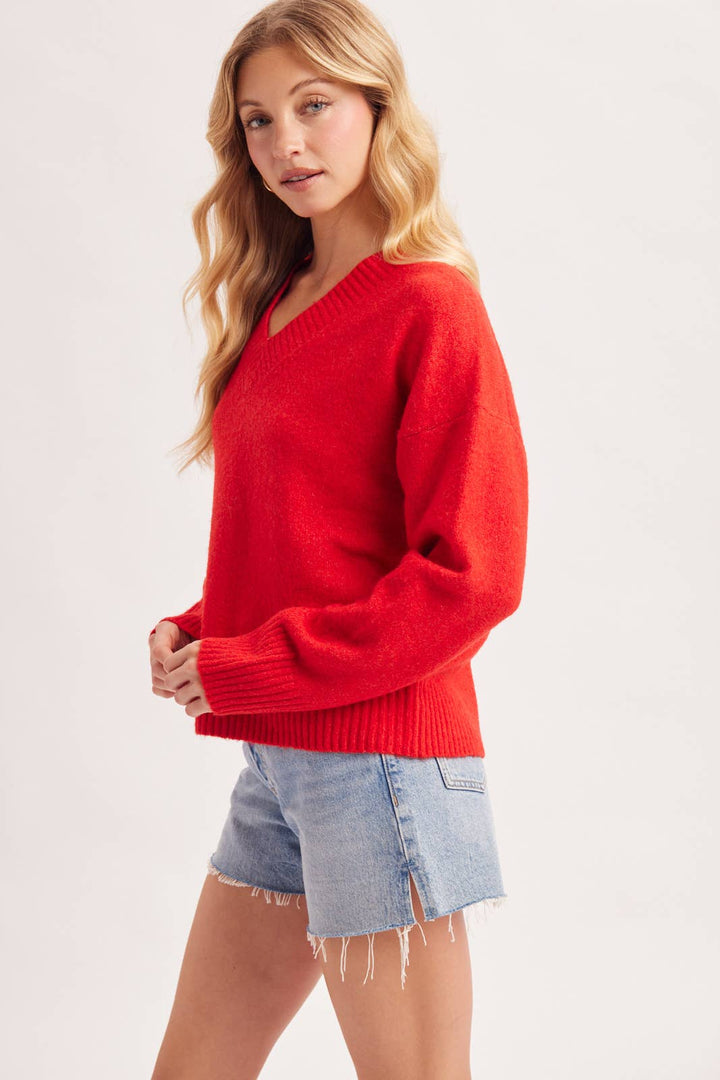 V-NECK FUZZY KNIT SWEATER