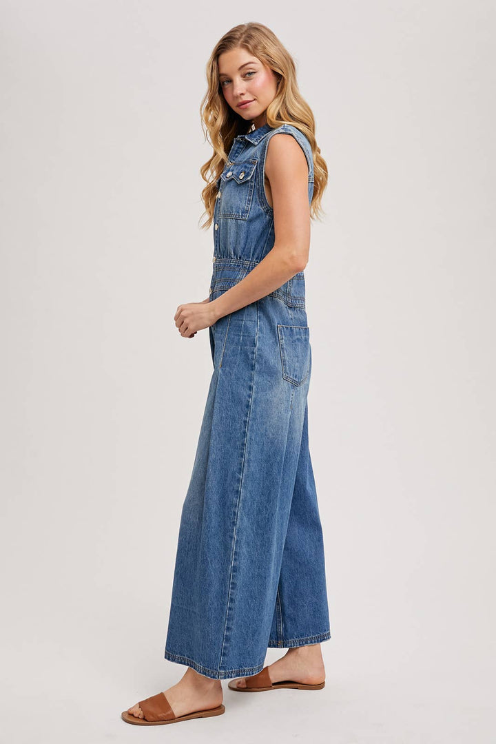 DENIM SLEEVELESS SHIRT JUMPSUIT