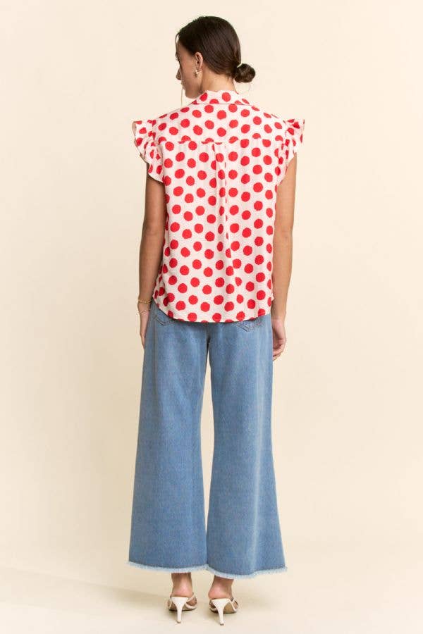 POLKA DOT PRINT SHORT RUFFLE SLEEVE V NECK BLOUSE