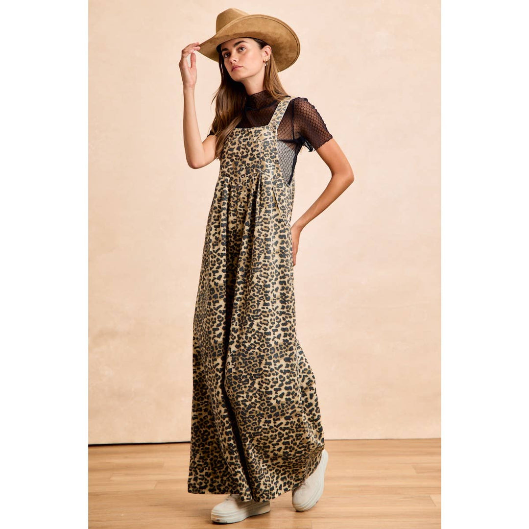 COTTON TWILL LEOPARD PRINT WIDE LEG OVERALLS