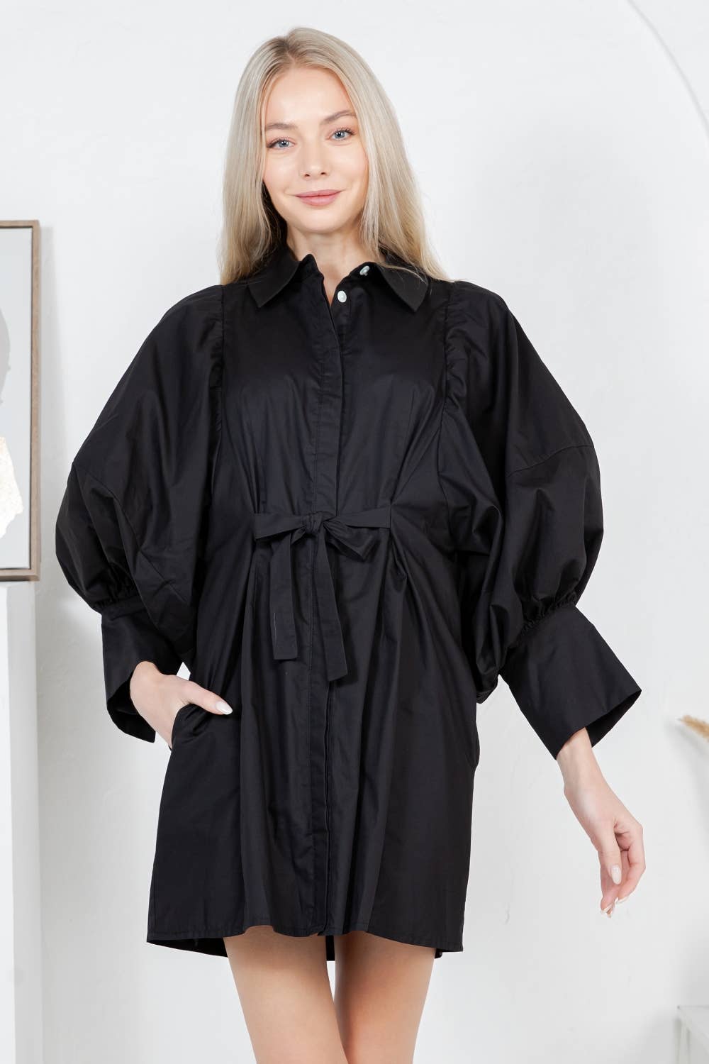 Balloon Sleeve Tie-Waist Mini Shirt Dress  PINK