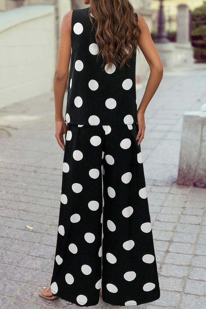 Pleated Round Neck Tank Casual Wide Leg Two-Piece Outfit