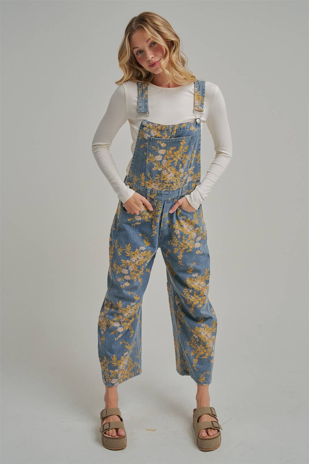 FLORAL PRINT DENIM OVERALL JUMPSUIT