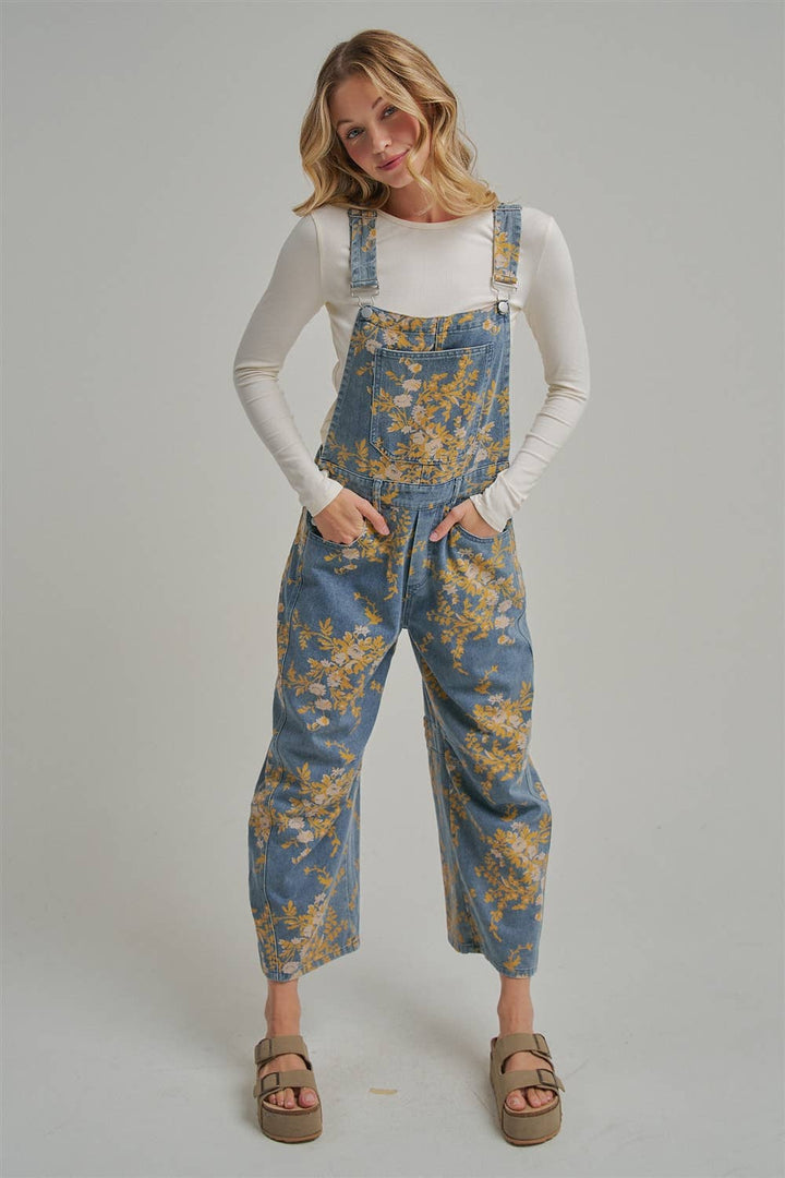 FLORAL PRINT DENIM OVERALL JUMPSUIT