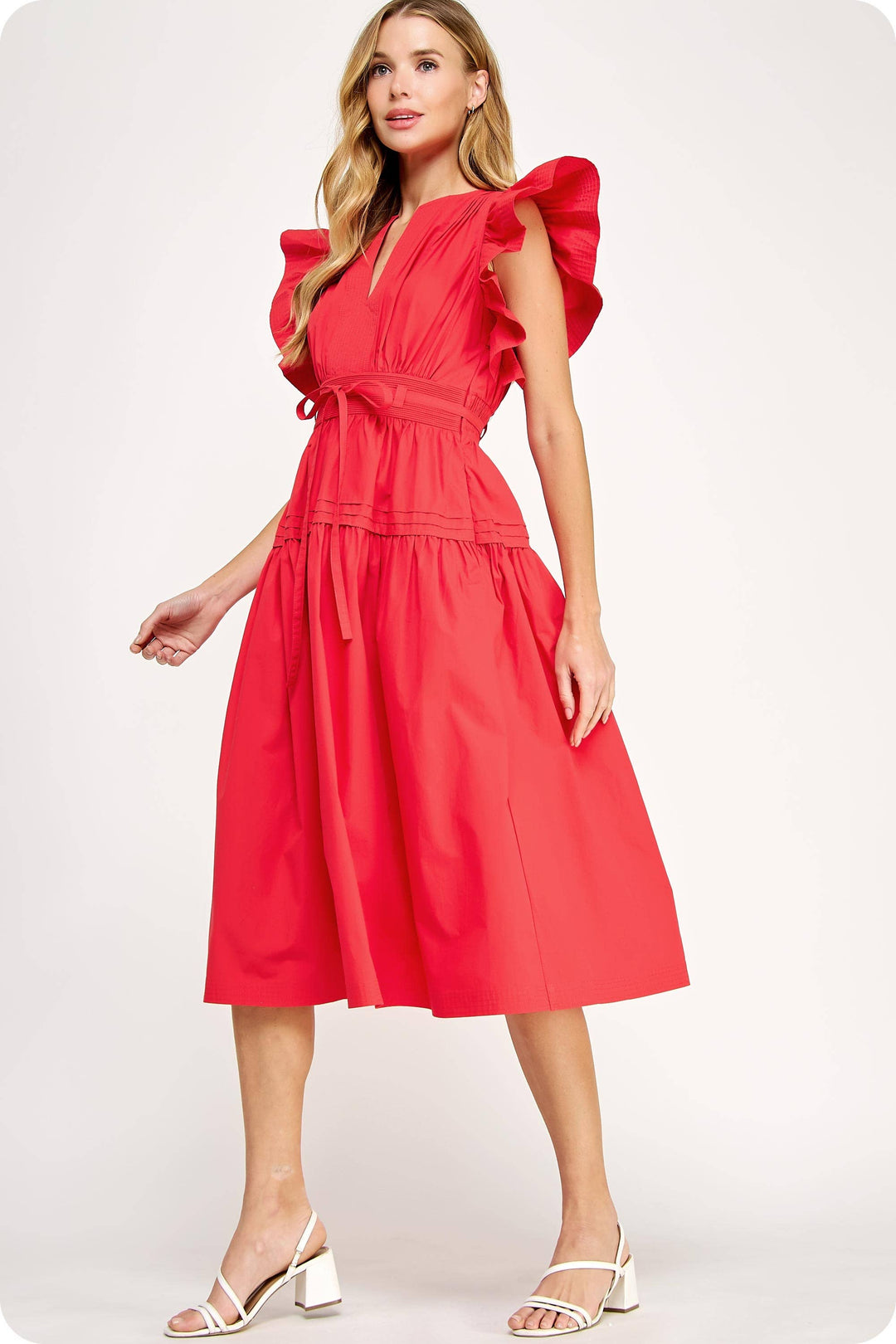 Chambray Flutter Sleeve Poplin Midi Dress