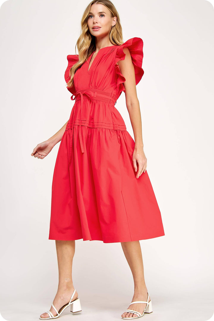 Chambray Flutter Sleeve Poplin Midi Dress