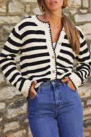Black Stripe Chic Golden Button Cardigan Sweater