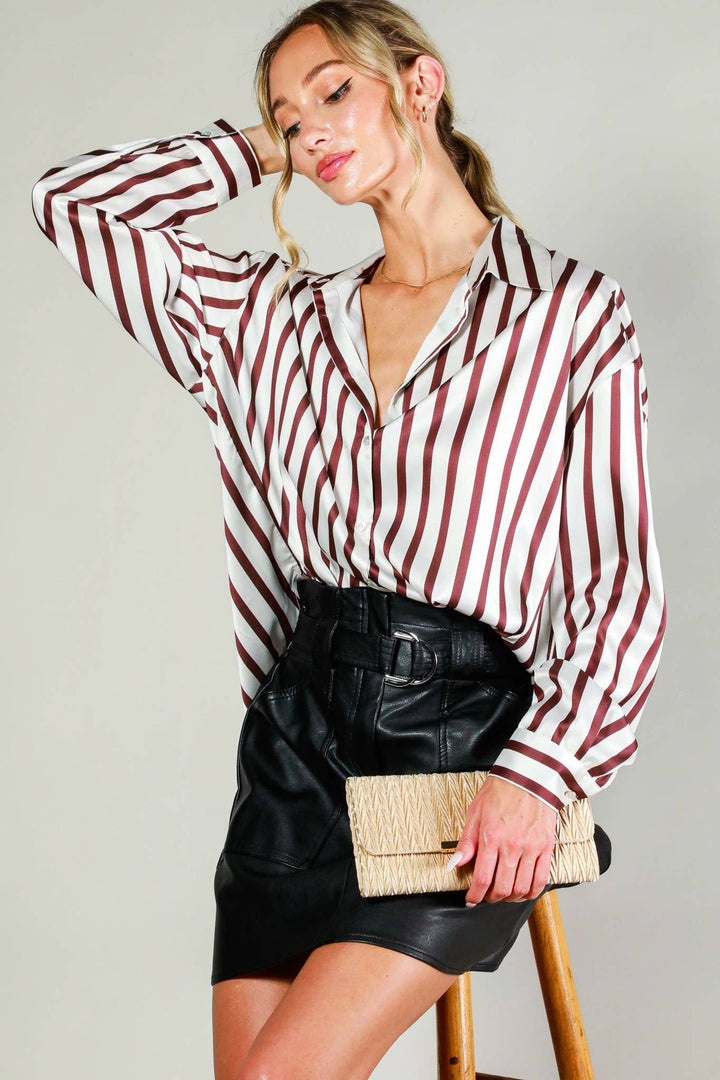 Collard Vertical Stripe Printed Satin Blouse Top