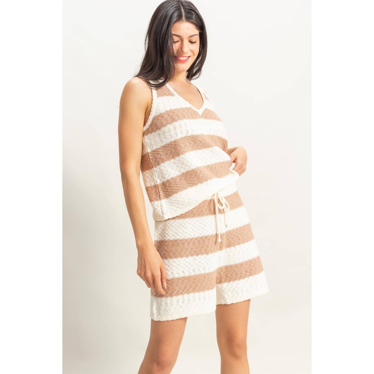 SET-Striped Sweater Top And Shorts Set