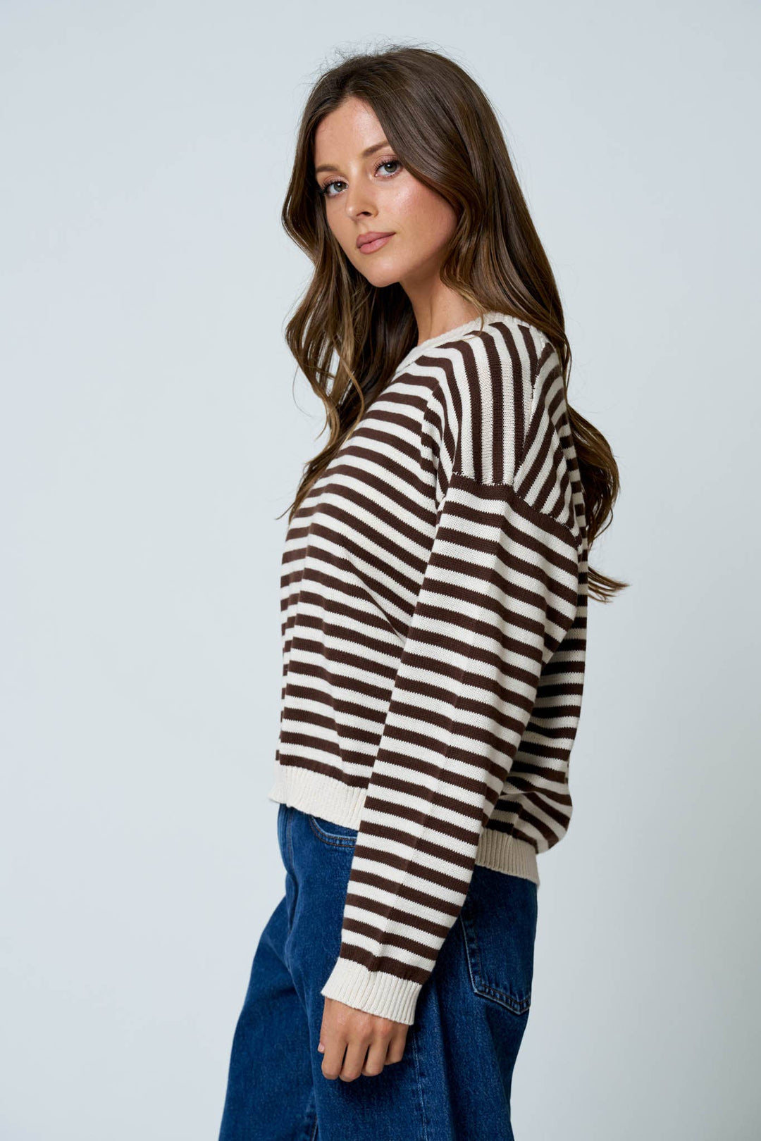 STRIPE RELAXED BACK BUTTON DETAIL KNIT SWEATER