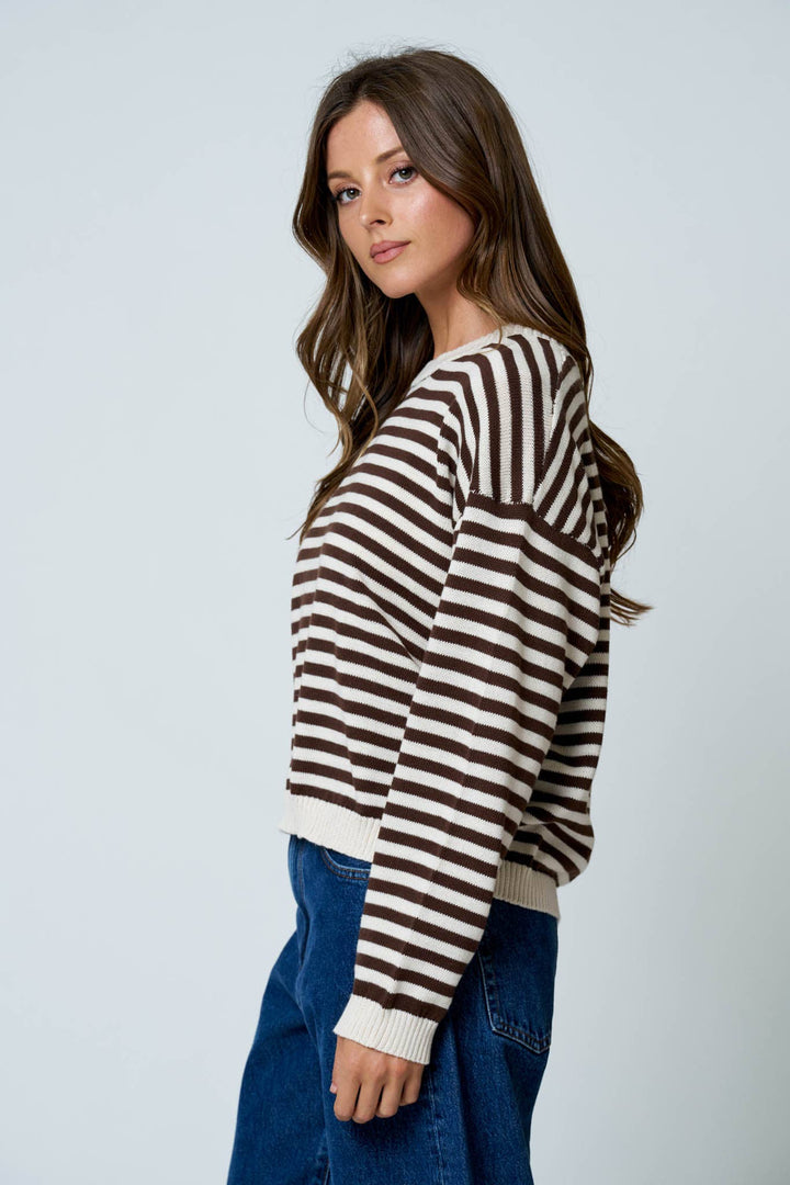 STRIPE RELAXED BACK BUTTON DETAIL KNIT SWEATER