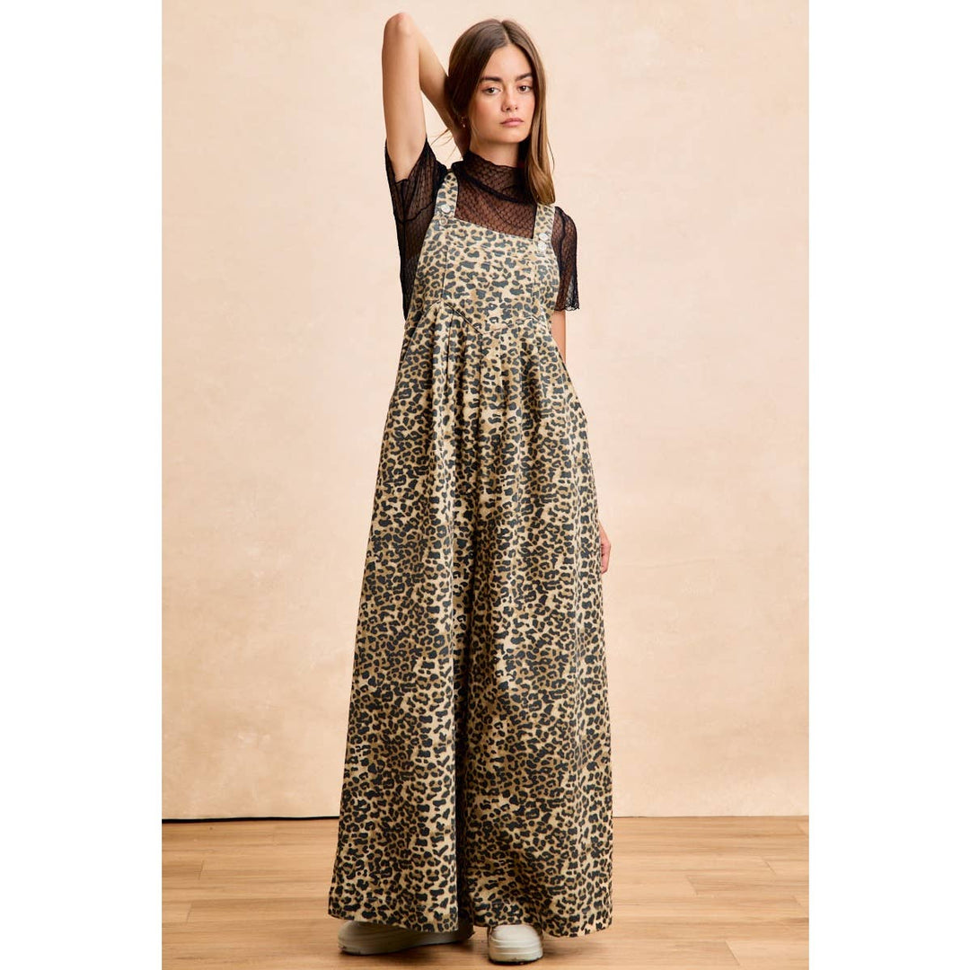 COTTON TWILL LEOPARD PRINT WIDE LEG OVERALLS