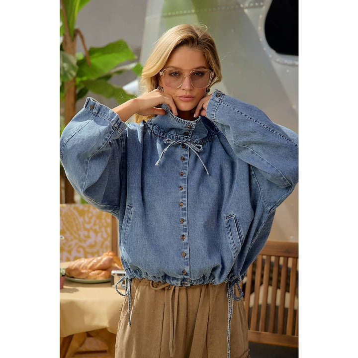 LIGHTWEIGHT WASHED DENIM DRAWSTRING HEM JACKET