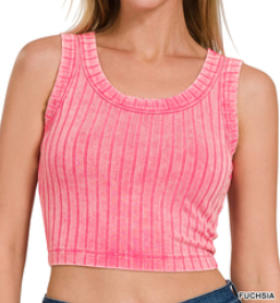 FUSCHIA RIBBED SLEEVELESS SCOOP NECK CROPPED TANK TOP