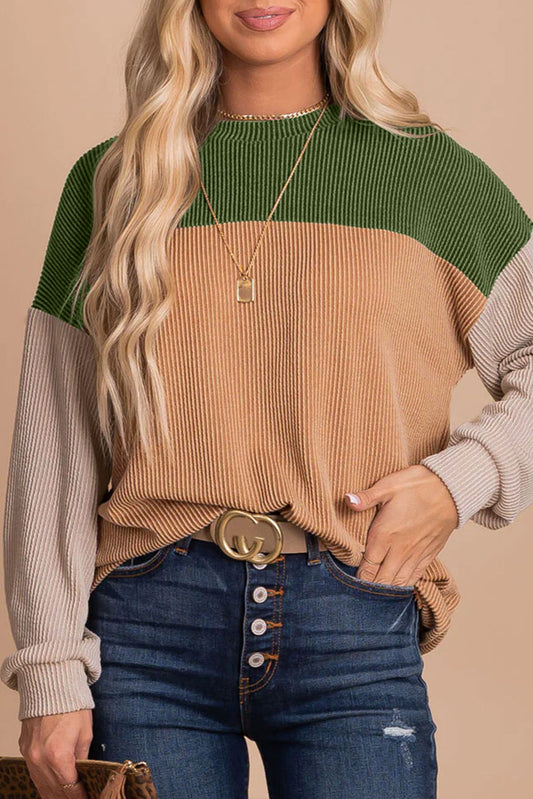 Green Colorblock Ribbed Top