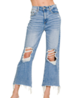 Distressed knee raw frayed hem cropped denim pants