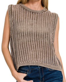 MOCHA Acid washed fishnet sweater vest