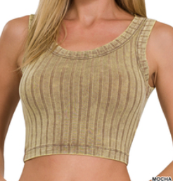 MOCHA RIBBED SLEEVELESS SCOOP NECK CROPPED TANK TOP