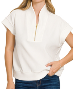 IVORY Ribbed high neck half zip top