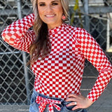 Red White Checked mesh top - women