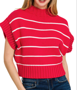 RED/WHITE Striped cropped mock neck sweater