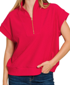 RED Ribbed high neck half zip top