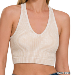 SAND BEIGE Stone washed seamless racerback tank top w bra pad