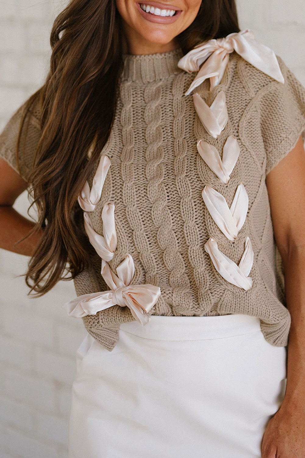 Tan Satin Bow Sweater