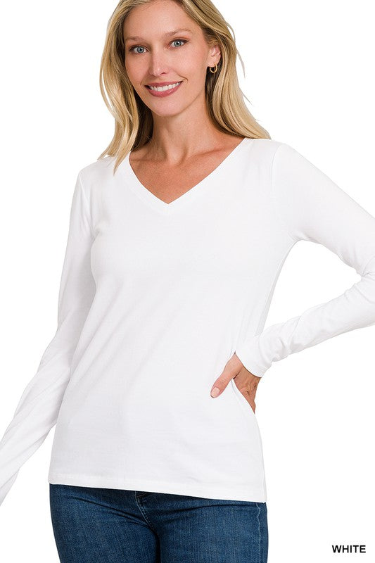 V-Neck Long Sleeve Tee - White