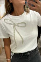 White Rhinestone Bow Tee